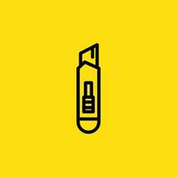 A black and white icon of a box cutter is displayed against a solid yellow backdrop and used for opening boxes. vector