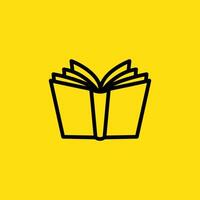 An open book is depicted with black lines against a solid yellow backdrop, likely used to represent knowledge or education. vector