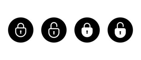 Lock and unlock padlock icon set on black circle. Data encryption sign symbol vector