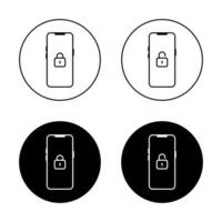 Lock and unlock padlock on smartphone screen icon on black circle. Security mobile phone sign symbol vector