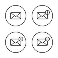 Notification message, add and remove envelope email outline icon on circle line vector