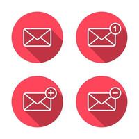 Message notification, add and remove envelope email outline icon with long shadow. Mail sign symbol vector