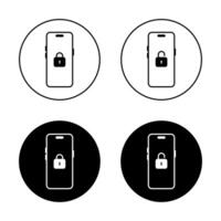 Lock and unlock on smartphone icon on black circle. Security mobile phone sign symbol vector