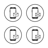 Message phone icon set on circle line. Envelope email on cellphone sign symbol vector