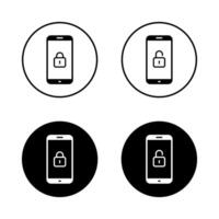 Lock and unlock phone icon on black circle. Security smartphone sign symbol vector