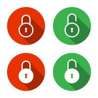 Lock and unlock padlock icon set with long shadow. Security padlock, privacy protection sign symbol vector
