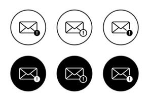 Warning message notification icon on black circle. Email envelope with exclamation mark sign symbol vector