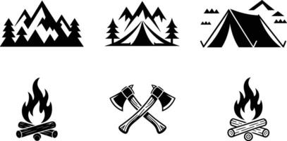 Minimalist Camping Pack with Campfire, Tent, Axe, Mountain, and Log Icons in Monochrome Style vector