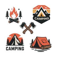 Camping Adventure Pack with Tent, Campfire, Mountain Badge, and Axe Icons vector