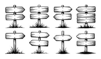 Hand Drawn Wooden Signpost Vectors Set with Arrow Boards and Grass Base in Vintage Style