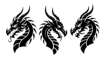 Aggressive Tribal Dragon Head Silhouette Set with Sharp Horns and Fierce Expression vector