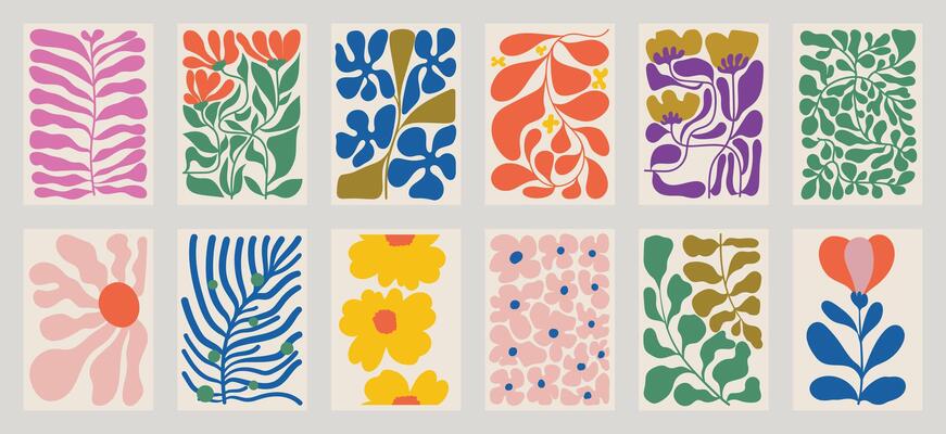 Botanical doodle background art set. Flower and leaves abstract shape doodle art design for t-shirt, print, wallpaper, clipart, wall art for home decoration.
