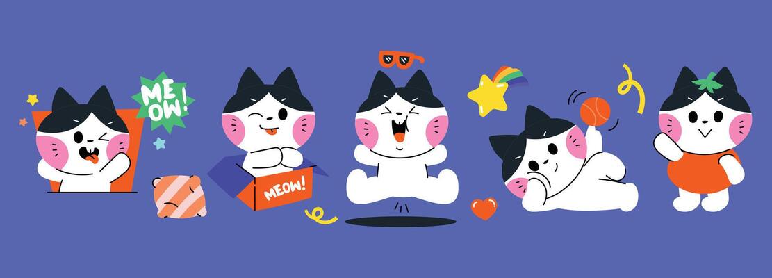 Lovely cat doodle pattern in different poses and breeds. Adorable funny pet and many characters hand drawn collection for T-shirt, sticker, print, pet shop.