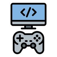 Game development icon flat line style illustration representing the creation and design of games, suitable for software development, entertainment, and technology-related projects vector