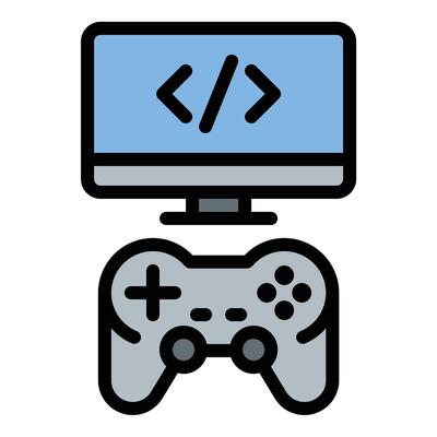 Game development icon flat line style illustration representing the creation and design of games, suitable for software development, entertainment, and technology-related projects