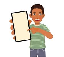 African man holding smart phone with blank screen pointing finger showing empty space for ads vector