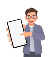 Man holding smart phone with blank screen pointing finger showing empty space for ads vector
