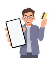 Man with glasses holding credit card showing smart phone with blank screen vector