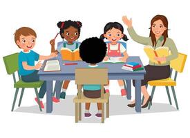 Female teacher teaching explaining and discuss lesson with her students at the table vector