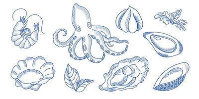 Linocut featuring shrimp, octopus, clams, and oysters on a white background vector