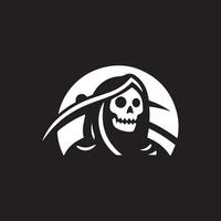 a black and white logo with a skull and a scythe vector