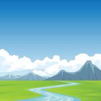 poster of square picture. River flows through the hills. both sides are full of green grass. The empty background is a wide high mountain and a blue sky with white clouds. vector