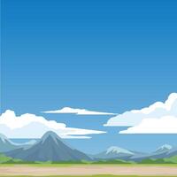 poster of a square illustration. Dirt road cutting through green grass on the side. Empty background with wide high mountains and blue sky with white clouds. vector
