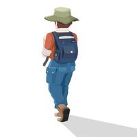 Back of a male hiker. Carrying a bag and wearing a hat. Stepping forward with a silhouette. On isolated white background. vector