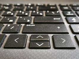 A close up of a computer keyboard with the word Pause on the top left. The keyboard is black and white with a few white keys photo