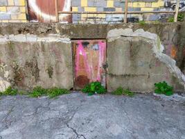 A wall with a door that is covered in graffiti. The door is pink and has a red letter A on it photo