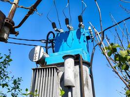 A blue power tower with wires coming out of it. The tower is surrounded by trees and the sky is clear photo