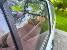 A car window is dirty and has a reflection of trees in it. The car is parked in a grassy area photo