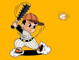Retro baseball batter kid play with a spiked bat ready to swing, as he takes aim at the incoming ball. vector