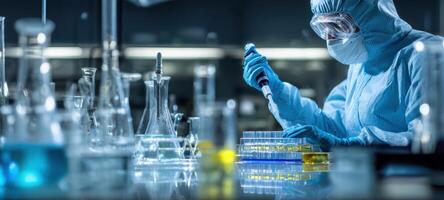 The scientist conducting experiments in a modern laboratory setting with glassware. photo