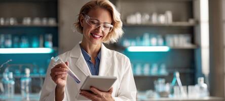 The scientist analyzing data while conducting experiments in a modern laboratory. photo