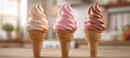 The delicious trio of soft serve ice cream cones in a cozy kitchen setting. photo