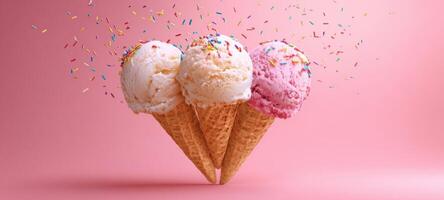 The Irresistible Ice Cream Cones with Colorful Sprinkles on a Pink Background photo