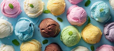 The colorful arrangement of delicious ice cream scoops on a blue background. photo