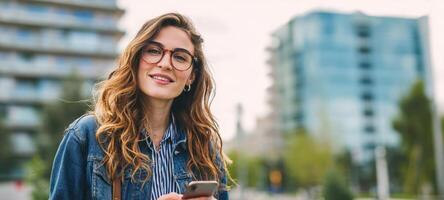 The smiling woman enjoying her smartphone in an urban environment. photo