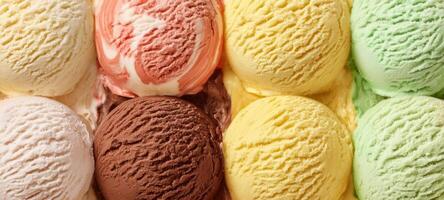 The delightful assortment of ice cream scoops in vibrant colors and flavors. photo