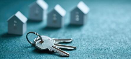 The keys representing new home ownership against small house models. photo