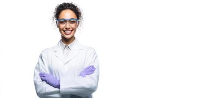 The confident scientist smiles while posing in her laboratory attire with enthusiasm. photo