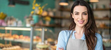 A woman in an apron standing in front of a bakery photo