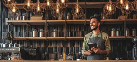 A man in apron is standing in front of a bar with a tablet photo