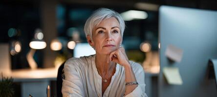 The thoughtful woman reflecting on ideas in a modern office environment at night. photo