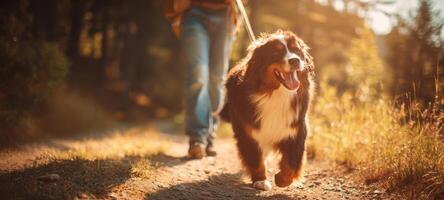 The joyful dog walking along a scenic path in the golden sunset. photo