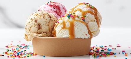 The delightful ice cream bowl topped with colorful sprinkles and rich caramel sauce. photo