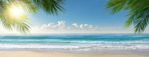 Tropical beach with palm trees and blue sky photo
