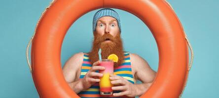 The surprised man holding colorful drinks in a vibrant summer setting. photo