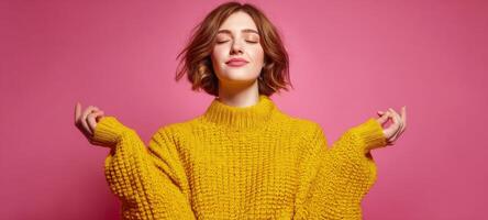 The joyful woman in a bright yellow sweater against a pink background. photo